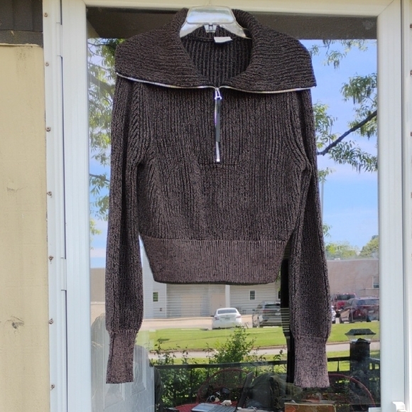 🚨B2G1 VARLEY Brown Ribbed Knit Quarter Zip Sweater Top - Picture 1 of 6